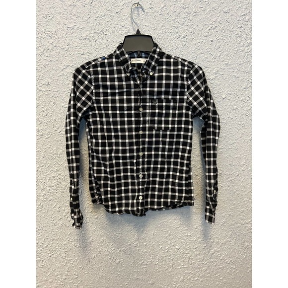 Boys Abercrombie Black & White Plaid Checkered Long Sleeve Button Down Shirt LG - Picture 1 of 5